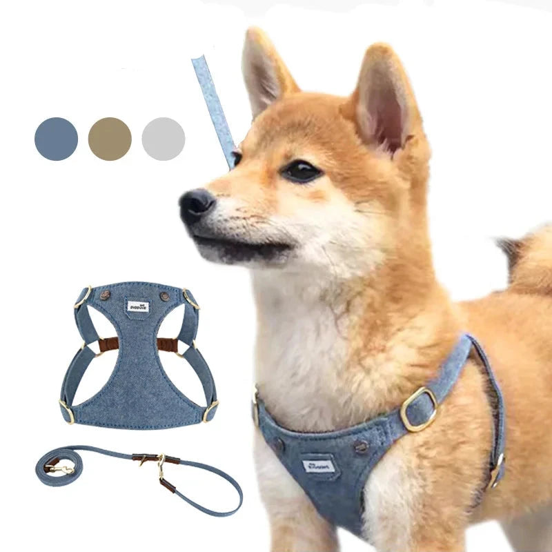 Denim Dog Harness Set